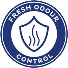 circular logo with a animated shield on it encapsulating three lines representing odour and around the edge of the circle saying fresh odour control
