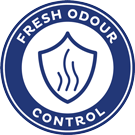 circular logo with a animated shield on it encapsulating three lines representing odour and around the edge of the circle saying fresh odour control