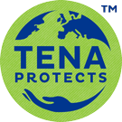 green circular logo representing the earth with writing in the middle saying tena protects with the top half of the circle representing the top of a the earth with some of the continents showing, with a blue animated hand at the bottom holding it together