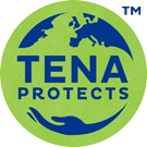 green circular logo representing the earth with writing in the middle saying tena protects with the top half of the circle representing the top of a the earth with some of the continents showing, with a blue animated hand at the bottom holding it together