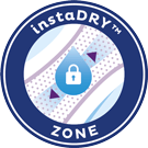 circular logo with a blue edge with writing on it instaDRYtm zone a animated picture of a pad with a blue water drop with a padlock in the middle showing that urine is quickly absorbed and locked in