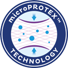 circular logo with a blue edge with writing on it microPROTEX™ Technology